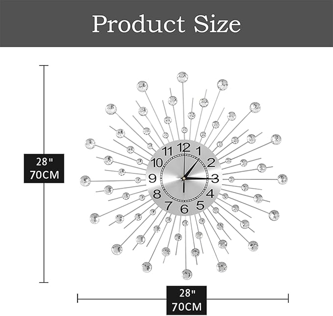 28 Inch Silver Crystal Large Modern Metal Starburst Decor, Bling Crystal Wall Clock for Kitchen Office Bedroom Living Room Decorative