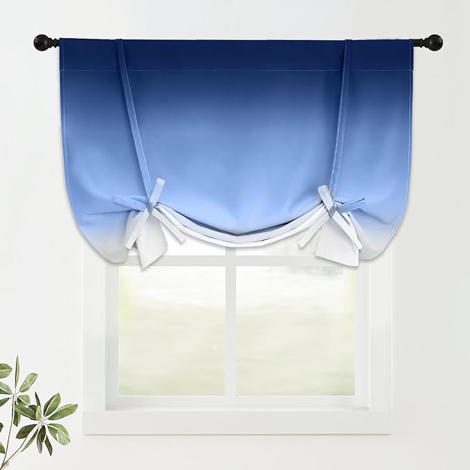 COSVIYA 100% Blackout Ombre Blue Adjustable Tie Up Curtains for Kitchen Thermal Insulated Room Darkening Valance Rod Pocket Balloon Roman Shade for Small Window,48" L x 42" W, 1 Panel