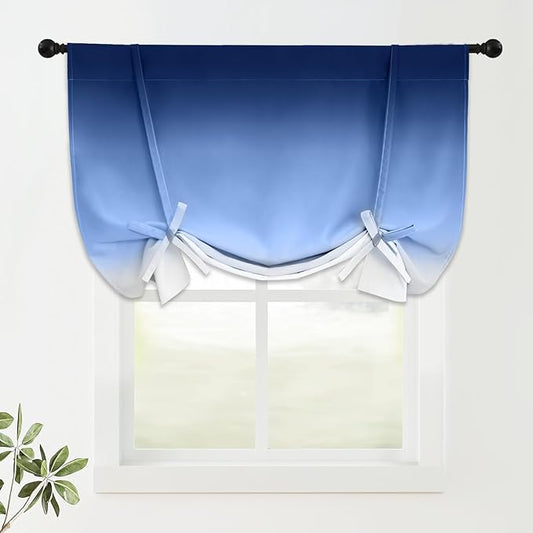 COSVIYA 100% Blackout Ombre Blue Adjustable Tie Up Curtains for Kitchen Thermal Insulated Room Darkening Valance Rod Pocket Balloon Roman Shade for Small Window,48" L x 42" W, 1 Panel
