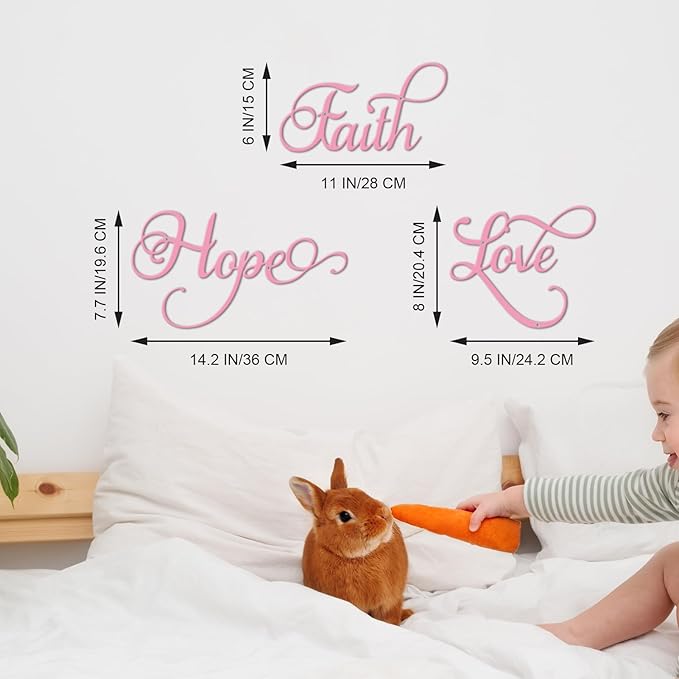 ESTART Faith Hope Love 3 Pieces Metal Wall Decor Inspirational Pink Letter Sign Wall Art Rustic Vintage Farmhouse Word Metal Sign Family Wall Decor for Home Bedroom Living Room (Pink)