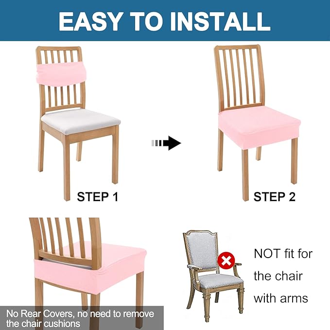 Smiry Waterproof Seat Covers for Dining Room Chairs Set of 4, Stretch Jacquard Removable Washable Chair Seat Slipcovers Protector, No Rear Covers, Blush Pink