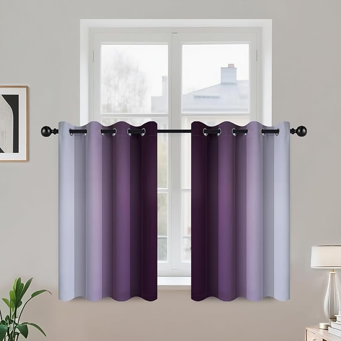 COSVIYA Grommet Ombre Room Darkening Curtains 36 inch Length, Purple and Greyish White Gradient Drapes Light Blocking Insulated Thermal Window Curtains for Bedroom/Living Room,2 Panels,52x36 inches
