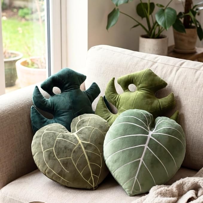 Green Philosophy Co. Monstera Leaf Pillow – Soft 3D Plant Throw Pillow, Deep Forest Green Decorative Leaf Shaped Pillow for Couch, Bed & Nursery, for Plant Lovers
