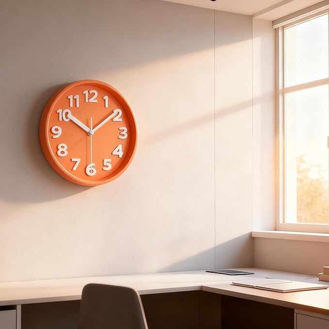 45MinST 8-Inch Orange Modern Wall Clock ?€? Silent Non-Ticking, 3D Large Numbers, Accurate Timekeeping | Decorative Wall & Desk Clock with Stand for Living Room, Bedroom, Kitchen, or Office