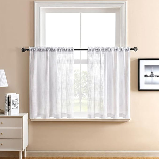 XTMYI White Kitchen Curtains 24 Inch Length Set of 2 Panels Cafe Curtain Tiers Linen Textured Semi Sheer Boho Farmhouse Short Curtains for Small Bathroom Basement Window RV Camper