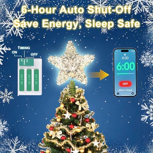 LAWOHO Christmas Tree Topper Star, Exquisite Christmas Decor, 10 Inch Shiny Silver Christmas Tree Decoration with 6H Timer, 20 Warm LED Lights for Xmas Tree, Holiday & Party, Indoor Decor - Image 3