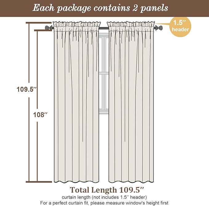 Chyhomenyc Natural Curtains 90 Inch Length 2 Panels Set, Faux Linen Textured Semi Light Filtering Soft Airy Farmhouse Window Curtain Drapes for Living Room Bedroom, 50Wx90L