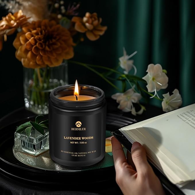 Scented Candle for Men, Lavender Wood Candle for Home Scented, Candle Gifts for Men, Aromatherapy Candle, Stress Relief and Relax Gift for Men Women Birthday Christmas Valentine