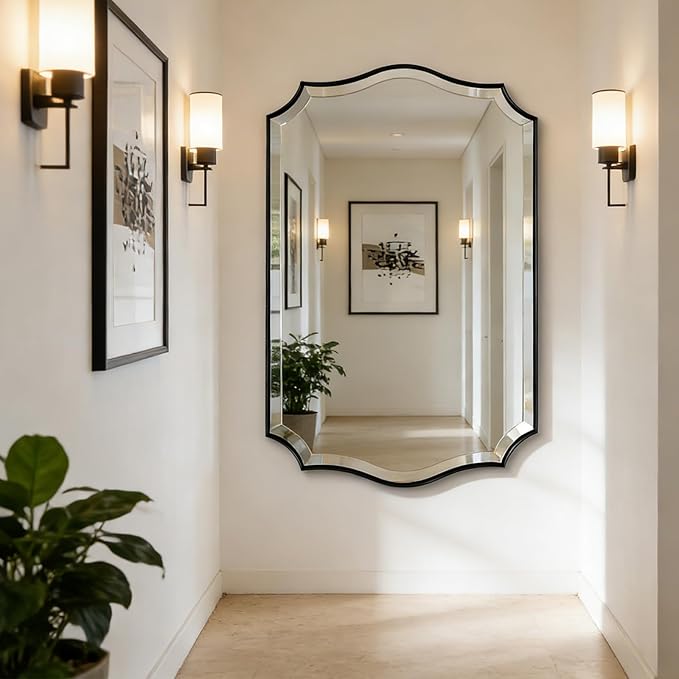 POZINO Scalloped Beveled Mirror, 30"x48" Modern Rectangle Mirrors for Over Sink, Large Wavy Decorative Mirrors, Irregular Shaped Mirror for Vanity Bathroom Living Room Bedroom Fireplace Entryway