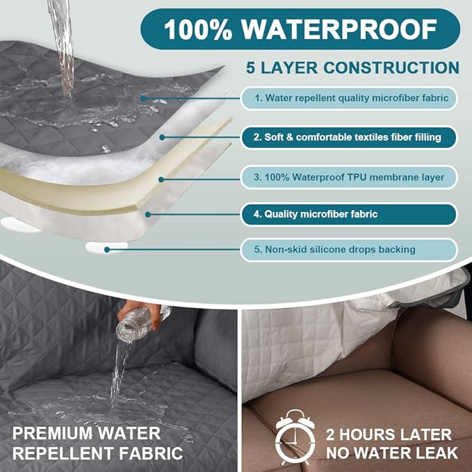 Turquoize 100% Waterproof Couch Cover Sofa Covers for 2 Cushion Couch Loveseat Covers Triple Non-Slip Couch Cover for Dogs Washable Furniture Protector Cover for Pets, Kids,Dog (Loveseat 54", Gray)