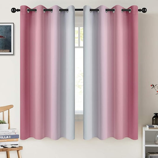 COSVIYA Grommet Ombre Room Darkening Curtains 63 inch Length, Pink and Greyish White Light Gradient Drapes Blocking Insulated Thermal Window Curtains for Bedroom/Living Room,2 Panels,52x63 inches