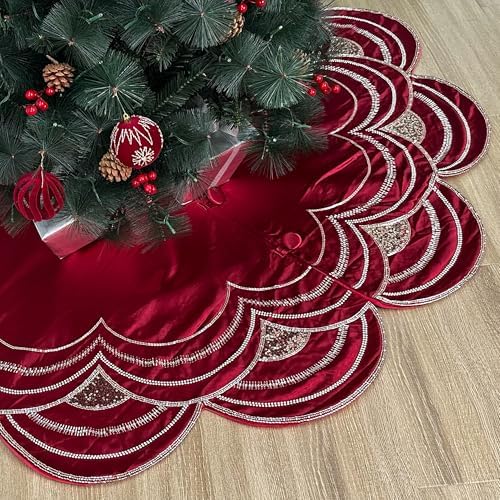 60-Inch Beaded Scalloped Christmas Tree Skirt in Foam-Lined Satin, Button-Loop Closures, Cranberry by StarryDynamo