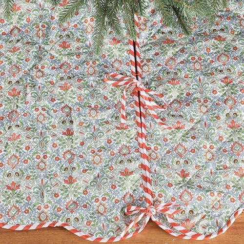 MiniInflat Quilted Christmas Tree Skirt - Vintage Floral Block Print Christmas Tree Skirt with Scalloped Edge Thicken Cotton for Home Decorations Holiday Party Gift(60 Inch,Gingham Floral,Orange) - Image 4