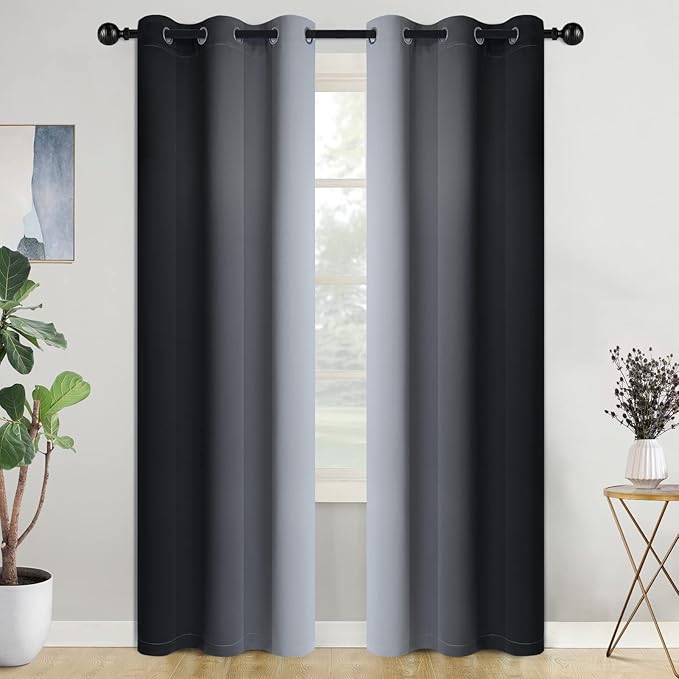 COSVIYA Curtains & Drapes Ombre Room Darkening Curtains 84 inch Length, Grommet Gradient Black and Greyish White Light Blocking Insulated Thermal Curtains for Bedroom/Living Room,2 Panels,42x84 inches