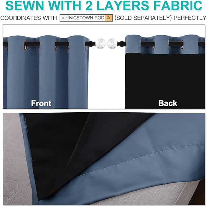 NICETOWN 100% Blackout Curtains 84 inches Long, Pair of Energy Smart & Noise Blocking Out Drapes for Baby Room Window, Thermal Insulated Guest Room Lined Window Dressing (Stone Blue, 62 inches Wide)