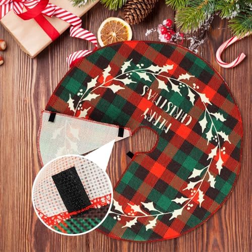 2-Piece Mini Christmas Tree Skirt - 15 Inch Buffalo Check Plaid Tree Skirt - Red & Black Plaid - Snowflake, Reindeer & Santa Designs - Image 3