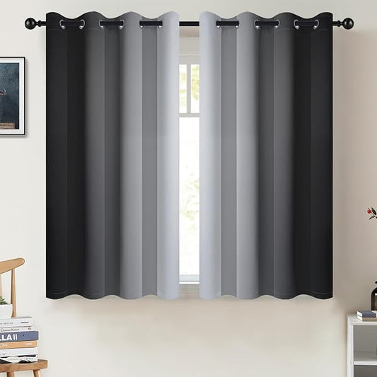COSVIYA Curtains & Drapes Ombre Black Curtains 45 inch Long 2 Panels Set, Grommet Room Darkening Light Blocking Insulated Thermal Gradient Window Panels for Bedroom/Living Room,52x45 inches