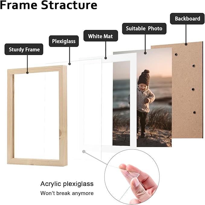 KINLINK 8x10 Picture Frame Wood Grain Set of 6, Wooden Photo Frame Matted 5x7 with Plexiglass for 5x7 with Mat or 8x10 without Mat for Table and Wall Display