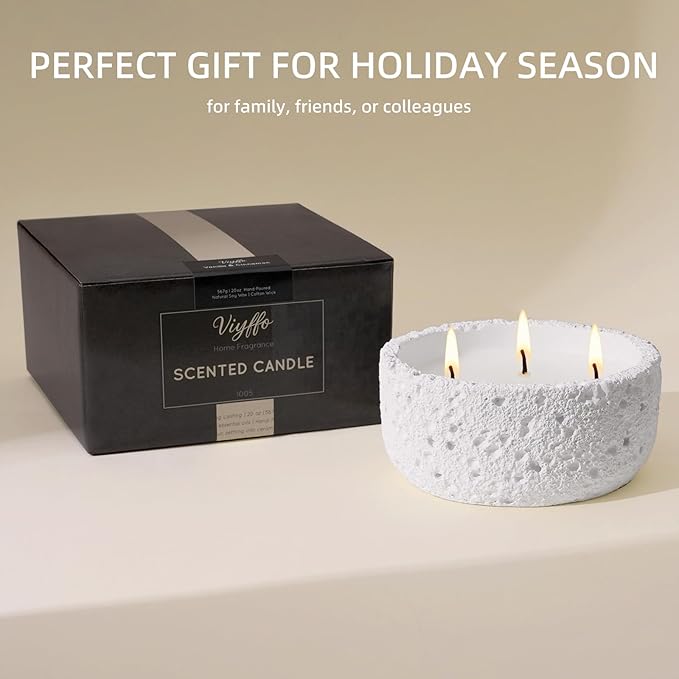Viyffo 3 Wick 20oz Large White Scented Candle – Vanilla Dreamscape, Non Toxic Soy Candle in Matte Ceramic Jar, Perfect for Luxury Home Fragrance, Elegant Spring Décor & Premium Gift