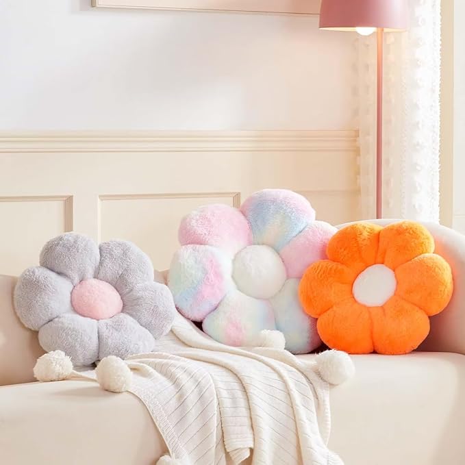 Kcvvcr Flower Pillow Cute Decorative Throw Pillow with Faux Rabbit Fur Soft Daisy Plush Floor Cushion Aesthetic Flower Shaped Pillow Home Decor for Bed Sofa Couch (Sage Green14.9 Inch)