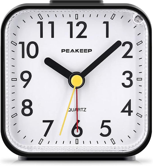 Peakeep Small Battery Operated Analog Travel Alarm Clock Silent | No Ticking, Lighted on Demand and Snooze, Beep Sounds, Gentle Wake, Ascending Alarm, Easy Set (Black) by PEAKEEP