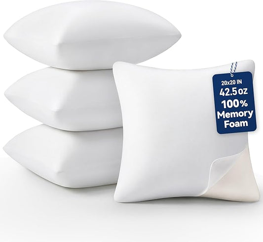 AM AEROMAX 20 × 20 Throw Pillow (Pack of 4) Memory Foam Pillow Insert - Square Accent Pillow for Decorative Cushion Bed Couch Sofa - Non-Deforming Over Time