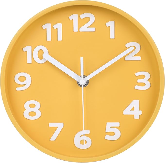 45MinST 8-Inch Yellow Modern Wall Clock ?€? Silent Non-Ticking, 3D Large Numbers, Accurate Timekeeping | Decorative Wall & Desk Clock with Stand for Living Room, Bedroom, Kitchen, or Office