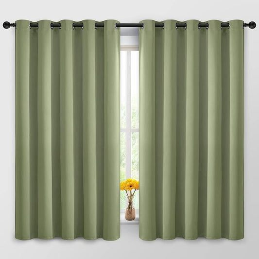Yakamok 63 Inch Long Blackout Curtains Room Darkening Thermal Insulated with Grommet Window Curtain for Bedroom, 62Wx63L inch, Sage Green, 2 Panels