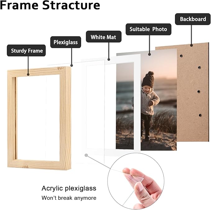 KINLINK 5x7 Picture Frame Wood Grain Set of 6, Wooden Photo Frame Matted 4x6 with Plexiglass for 4x6 with Mat or 5x7 without Mat for Table and Wall Display