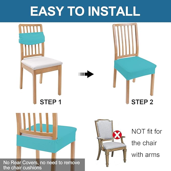 Smiry Waterproof Seat Covers for Dining Room Chairs Set of 6, Stretch Jacquard Removable Washable Chair Seat Slipcovers Protector, No Rear Covers, Teal