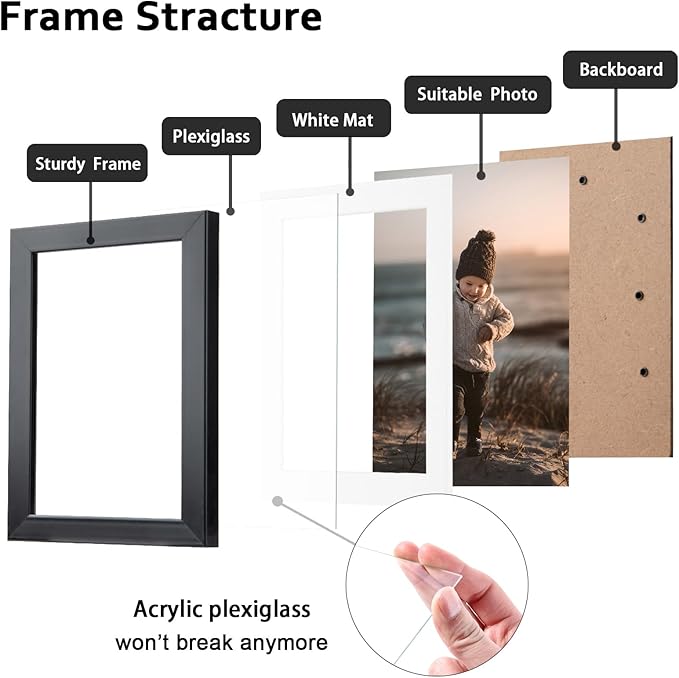 KINLINK 8x10 Picture Frame Black Set of 6, Wooden Photo Frames Matted 5x7 with Plexiglass for 5x7 with Mat or 8x10 without Mat for Table and Wall Display