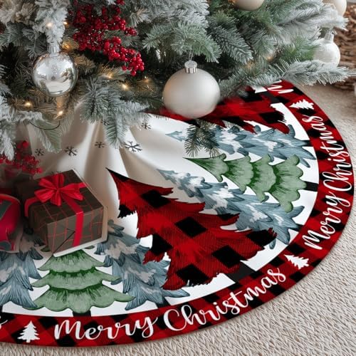 CROWNED BEAUTY Christmas Tree Skirt Collar 48 Inch Pine Trees Red Plaid Soft Farmhouse Holiday Decoration (Red Plaid) TS41 by CrownedBeauty