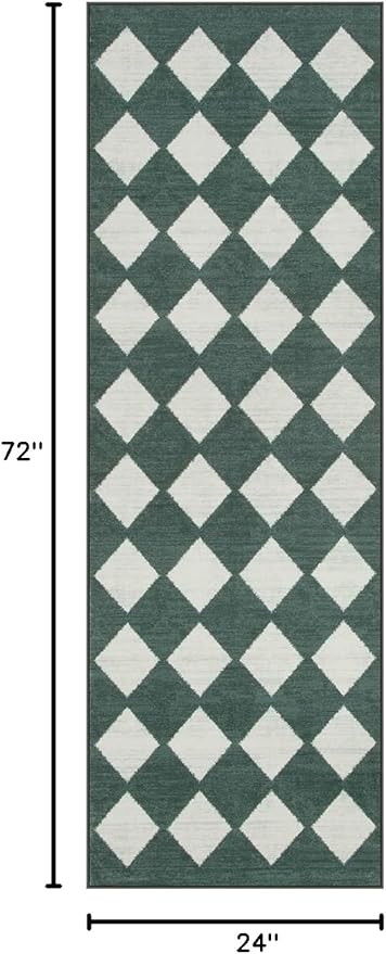 Lahome Zelie Checkered Washable 2x6 Green Runners for Hallways Non Slip, Ultra-Thin Kitchen Bathroom Runner Rugs, Moroccan Trellis Throw Carpet Runner for Bedroom Entryway Decor (2'x6',Dark Green)
