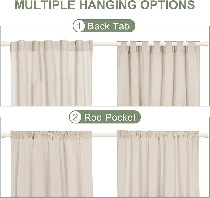 ASPMIZ Cotton Linen Farmhouse Curtains Boho Rustic Button Curtain, Linen Window Curtain Panels Green Stripe Country Curtains for Living Room Bedroom, Back Tab Window Drapes, 52 x 84 Inch, 2 Panels