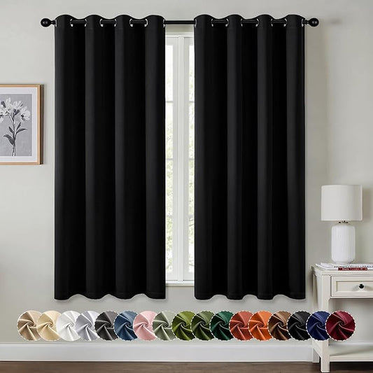 MIULEE Black Blackout Curtains for Bedroom Living Room 63 Inches Long 2 Panels, Thermal Insulated Room Darkening Drapes Grommet Noise Reducing Light Blocking Window Treatments 50x63 Inch