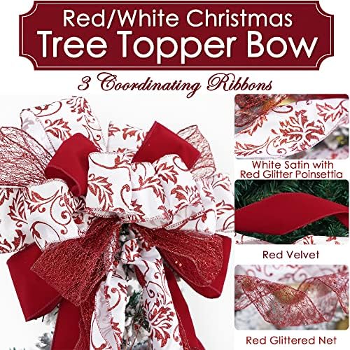 MEEDEE Red Bows Christmas Decorations Large Red Christmas Bow 12" Wide Red Velvet Christmas Bows Red and White Christmas Tree Topper Red Christmas Bows Red Bows for Christmas Tree (1 Pack) - Image 2