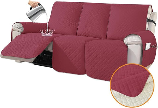XINEAGE Water Resistant Recliner Cover, 3 Seat Sofa Covers with Pockets, Quilted Thick Protector Cover for Dog Pets with Non Slip Backing and Strap (Red)