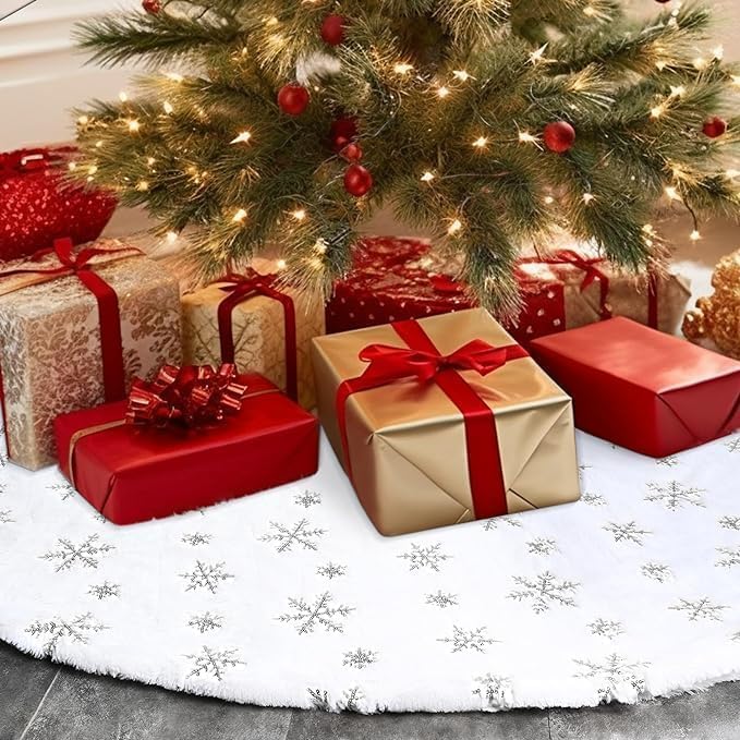 Christmas Tree Skirts 60 Inches, White Faux Fur Christmas Tree Skirt with Silver Sequin Snowflakes, Extra Large Plush Tree Skirts for Xmas Holiday Party Decorations. by Unknown