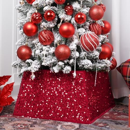 Red Christmas Tree Collars for Atificial Trees,24 Inch Sparkling Sequins Christmas Skirt, Base Cover,Holiday Home Decor Ring(Medium) by SunshineDecor