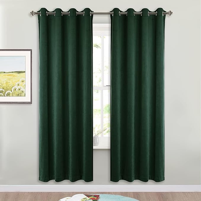 StangH Dark Green Curtains Vintage DecorThick Soft Velvet Blackout Curtains Drapes for Farmhouse Living Room Party Holiday Fete Accessories, W52 x L72, Dark Green, 2 Panels