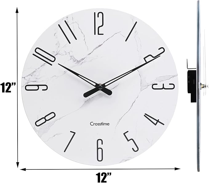 Wall Clock White Marble Theme Modern Decorative Waterproof Glass Clock for Bathroom Kitchen Home, 12 Inch Battery Operated