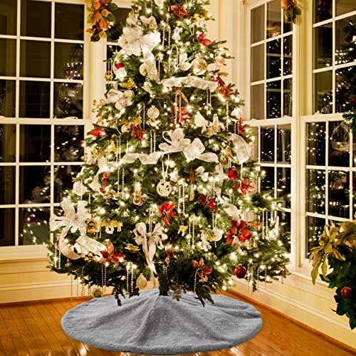 Christmas Tree Skirt 48 inch Light Grey Faux Fur Soft Fluffy Ornaments Xmas Tree Skirts for Xmas Tree Ornaments and Party Holiday Decorations - Image 2