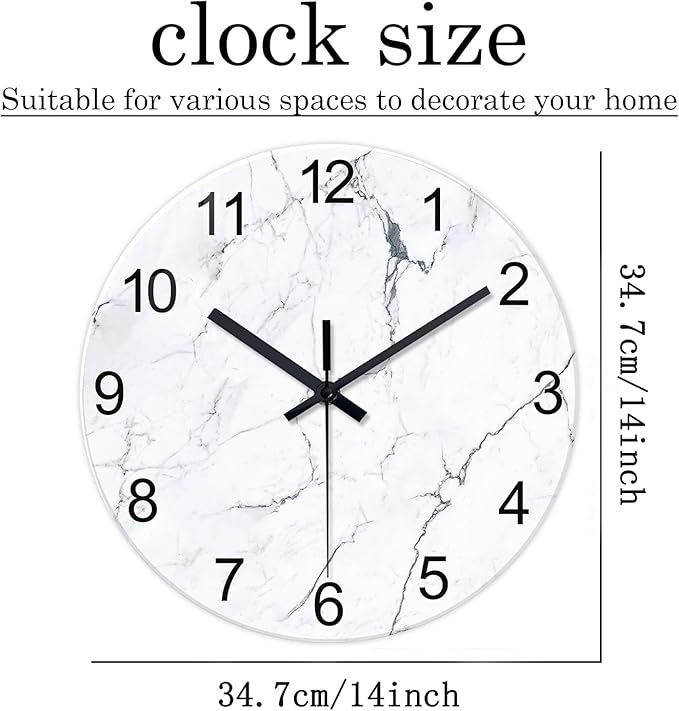 Modern White Marble Glass Wall Clocks Battery Operated 14 Inch Abstract Decorative Wall Clocks Round Minimalist Silent Wall Clock for Living Room