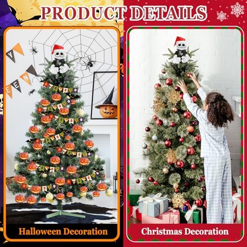 Tree Topper Decorations for Halloween and Christmas, Cute Plush Jack Huggers with Santa Hat, Poseable Handmade Tree Topper Party Decor - Image 4