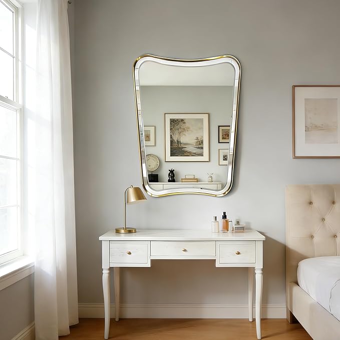 POZINO Irregular Beveled Mirror, 24"x36" Modern Bathroom Vanity Mirror, Brushed Gold Aesthetic Mirrors with Stainless Steel Frame, Butterfly Shape Wall Mirrors for Bedroom Living Room Entryway