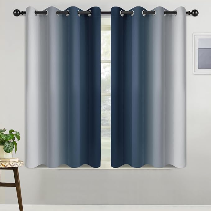 COSVIYA Curtains & Drapes Ombre Navy Blue Curtains 45 inch Long 2 Panels Set, Grommet Room Darkening Light Blocking Insulated Thermal Gradient Window Panels for Bedroom/Living Room,52x45 inches