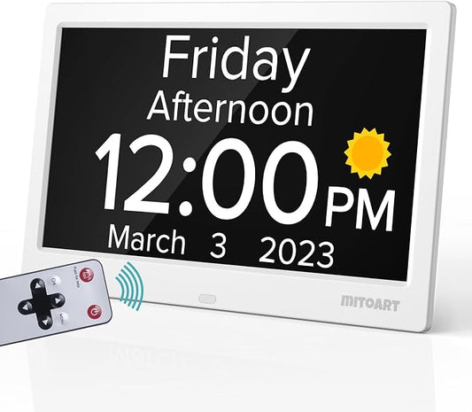 10.1 Inch Digital Alarm Clock with Date and Day of Week for Dementia Seniors, Clear Large Screen, Multiple Alarm Sets, Auto DST, Designed Specifically for Elderly - White by MITOART