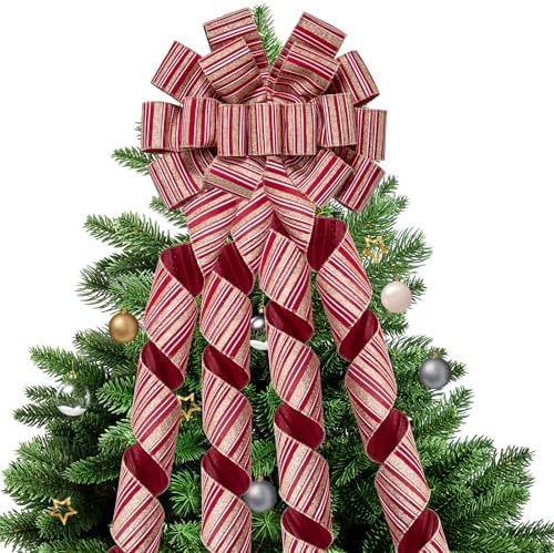 WRAPAHOLIC Large Christmas Tree Topper Bow - 13 x 52 Inch Burlap Striped Christmas Tree Topper Ribbon Bow Wreath Bows with Wired Edge for Xmas Ornament Indoor Outdoor Decoration by WRAPAHOLIC