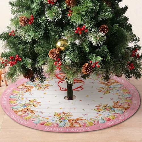 48 Inch Easter Tree Skirt Mat Short Plush Pink Bunny and Eggs Tree Skirts for Indoor Outdoor Easter Tree Decoration(Pink Bunny and Eggs) - Image 3