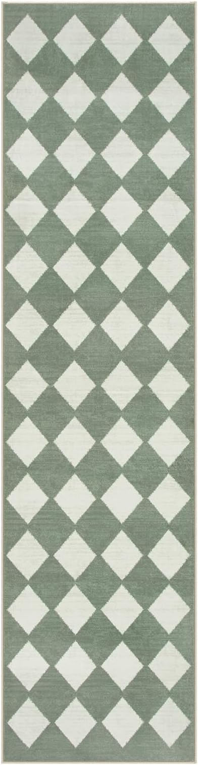 Lahome Zelie Checkered Washable 2x8 Green Runners for Hallways Non Slip, Ultra-Thin Kitchen Bathroom Runner Rugs, Moroccan Trellis Throw Carpet Runner for Bedroom Entryway Decor (2'x8',Green)